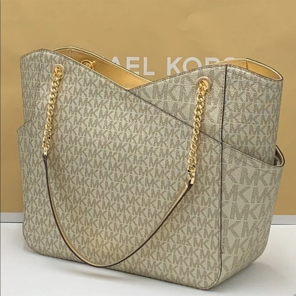 MICHAEL KORS LARGE X CHAIN SHOULDER TOTE BAG PALE GOLD COLOR